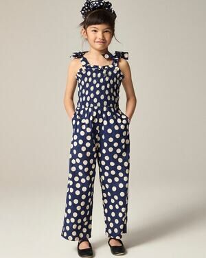 J.Crew Crewcuts Smocked Jumpsuit Girls 10 Navy White Polk Linen Blend One Piece